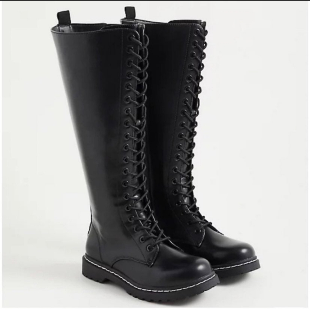 Black lace up knee high combat boots